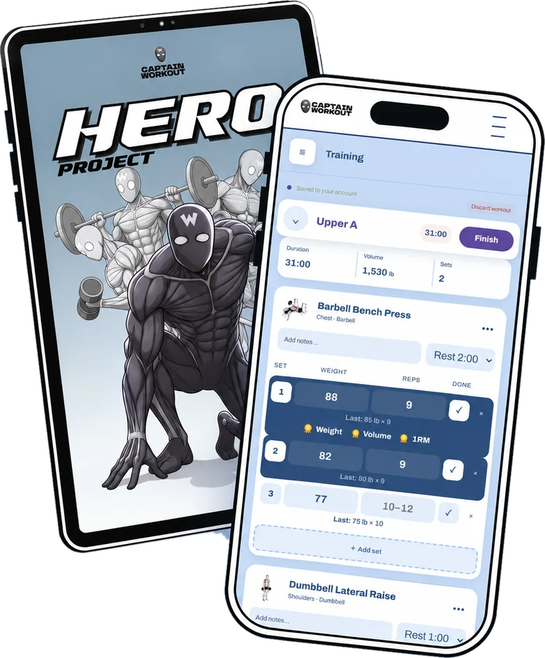 Hero Project on a tablet next to a Hero Hub workout in progress on a phone, with each set, last time's numbers and record medals