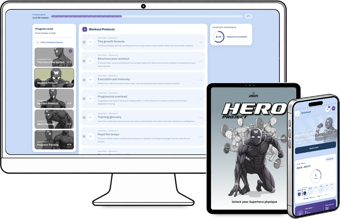 The Iron Warrior program with its progress and chapters on a computer, Hero Project on a tablet and the Hero Hub dashboard on a phone
