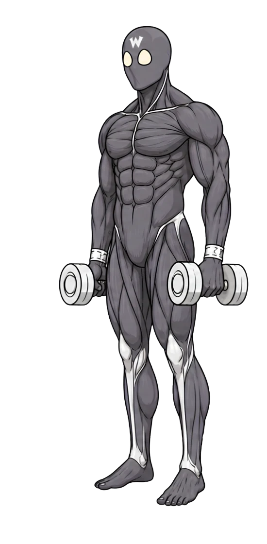 Captain Workout mascot doing a hammer curl, arms down