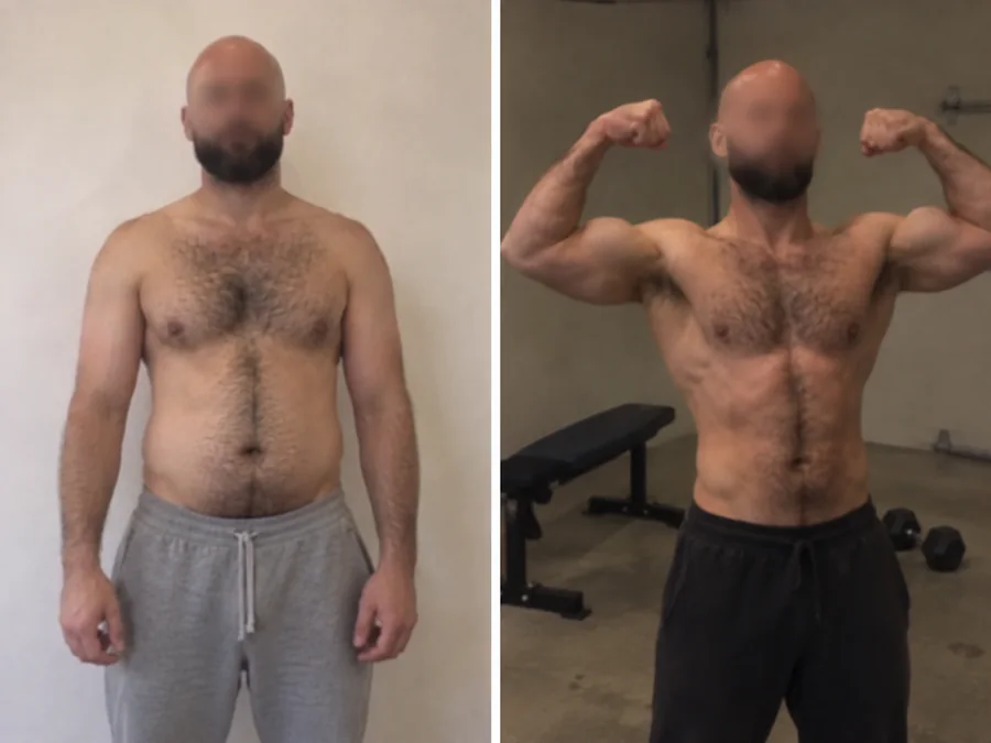 Hero Project member before and after, flexing with a leaner waist