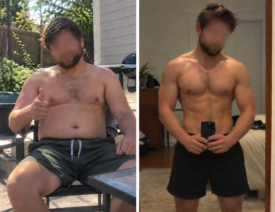 Hero Project member before and after, from a round belly to a lean, muscular torso