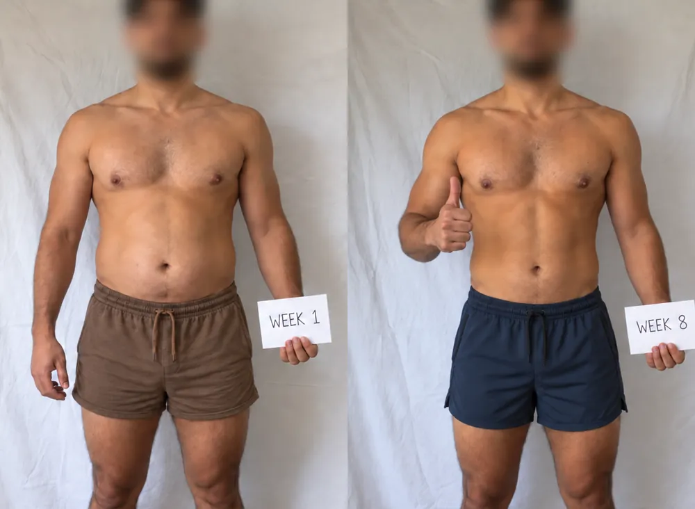 Zero To Growth member at week 1 and week 8, with a leaner waist and a fuller chest