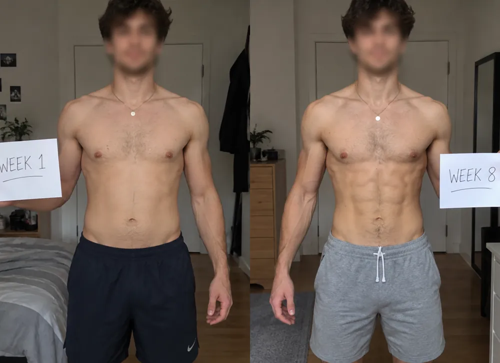 Zero To Growth member at week 1 and week 8, now with visible abs and more defined arms