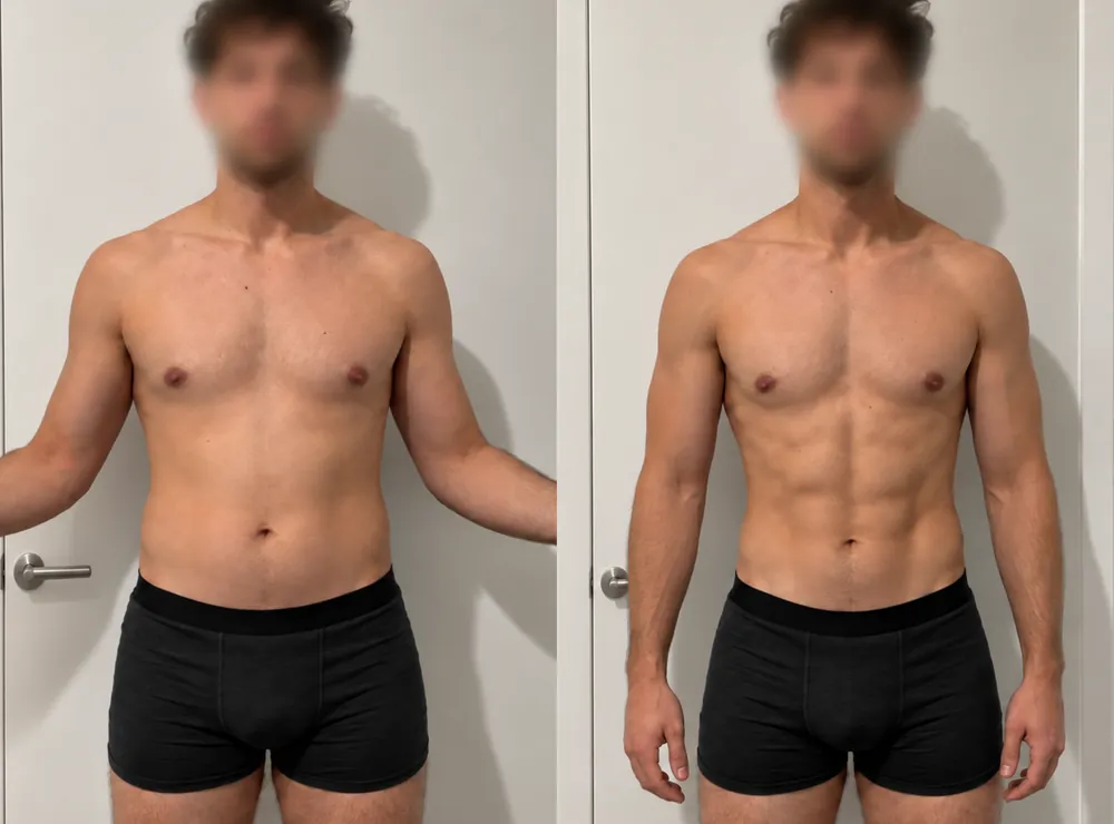 Zero To Growth member before and after 8 weeks, leaner with a more muscular chest and shoulders