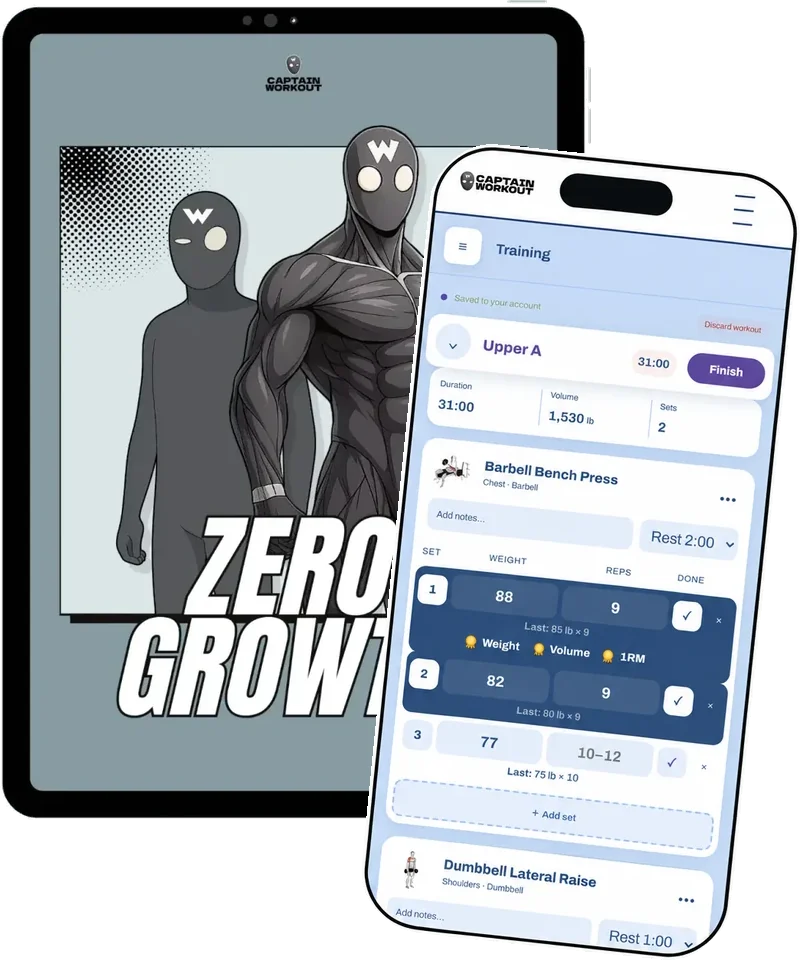 Zero To Growth on a tablet next to a Hero Hub workout in progress on a phone, with each set and last time's numbers